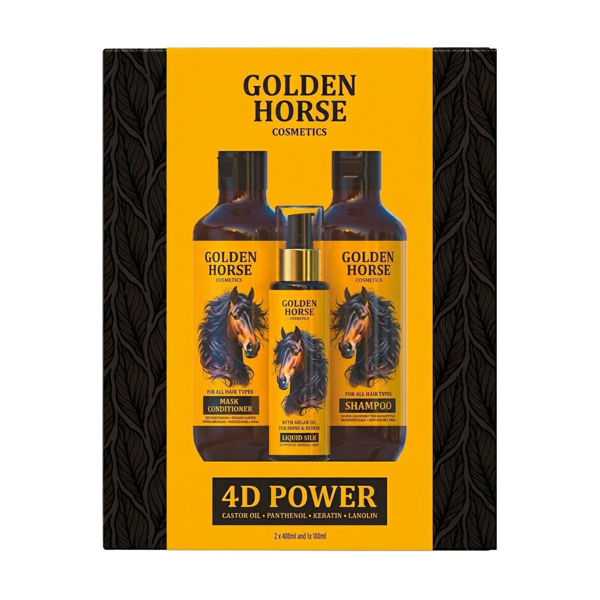 Набір для волосся Golden Pharm Golden Horsе 4D Power (шампунь, 400 мл + маска-кондиціонер, 400 мл + олія, 100 мл)
