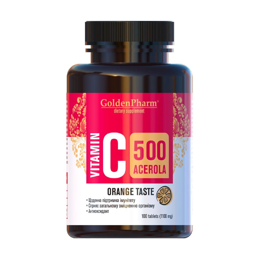 Вiтaмiн C Golden Pharm Vitamin C Acerola 500 мг зі смаком апельсина, 100 таблеток